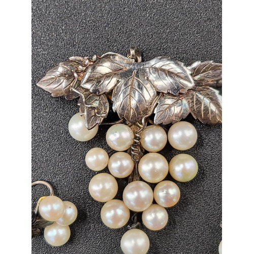 39 - Japanese Cultured Pearl Brooch & Earrings Set in Silver