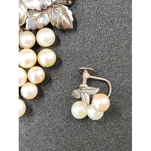 39 - Japanese Cultured Pearl Brooch & Earrings Set in Silver