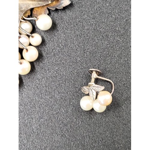 39 - Japanese Cultured Pearl Brooch & Earrings Set in Silver