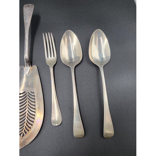 89 - Collection of Georgian Sterling Flatware Includes Large Ladle, Fish/Cake Slice, Fork, Two Spoons The... 