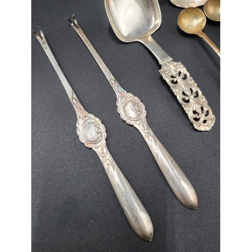 91 - Collection Of 800 Grade Silver Contains Two Lobster Forks, Large Caddy Spoon, Twisted Spoon, Two Sma... 