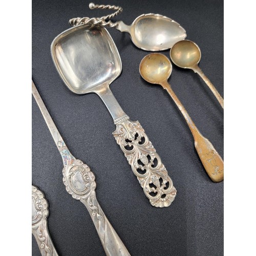 91 - Collection Of 800 Grade Silver Contains Two Lobster Forks, Large Caddy Spoon, Twisted Spoon, Two Sma... 