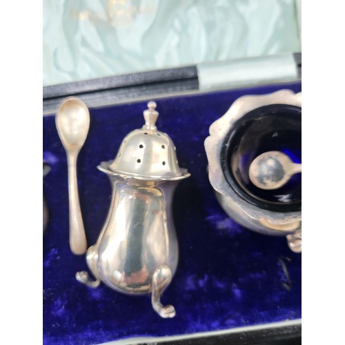 93 - Three Sterling Silver Cased Items Includes Walker & Hall Cruet Set Blue Liner on Salt Grazed on ... 