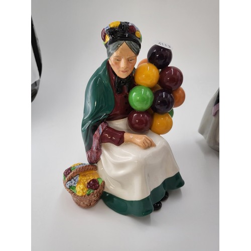 108 - Four Royal Doulton Figures Includes The Balloon Man, The Old Balloon Seller, Biddy Penny Farthing, T... 