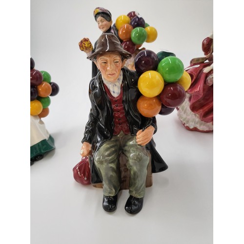 108 - Four Royal Doulton Figures Includes The Balloon Man, The Old Balloon Seller, Biddy Penny Farthing, T... 