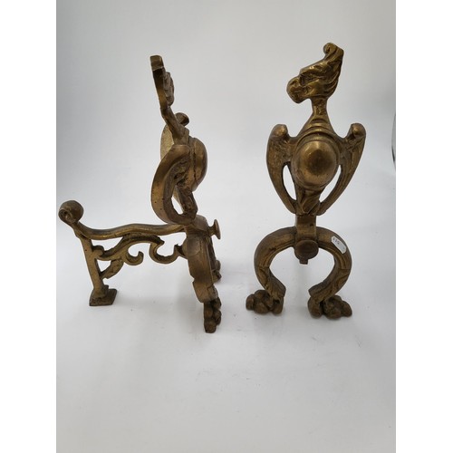 129 - Pair of Antique 19th Century French Brass Reposse Griffin Andirons Measures 33cm Tall