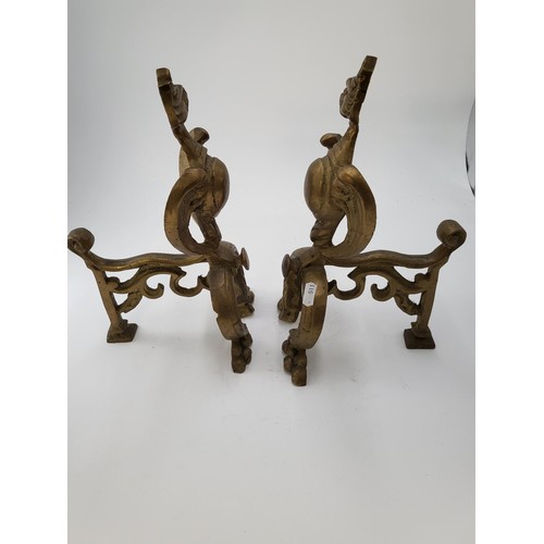 129 - Pair of Antique 19th Century French Brass Reposse Griffin Andirons Measures 33cm Tall