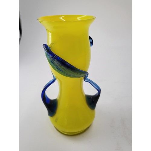 131 - Two Vintage Czech Art Deco Yellow/Blue Vases Measures Large 19cm & Smaller 17cm