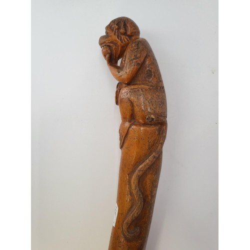 142 - Art Cane Carved Boxwood Walking Cane Depicting Monkey Has Some Chips Out Wood As Shown in Photos Mea... 