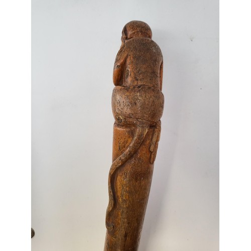 142 - Art Cane Carved Boxwood Walking Cane Depicting Monkey Has Some Chips Out Wood As Shown in Photos Mea... 