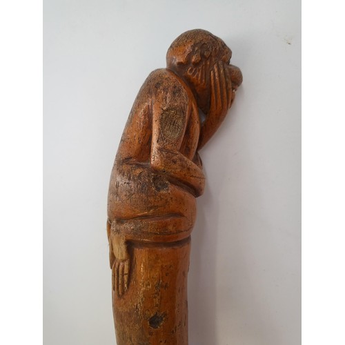 142 - Art Cane Carved Boxwood Walking Cane Depicting Monkey Has Some Chips Out Wood As Shown in Photos Mea... 