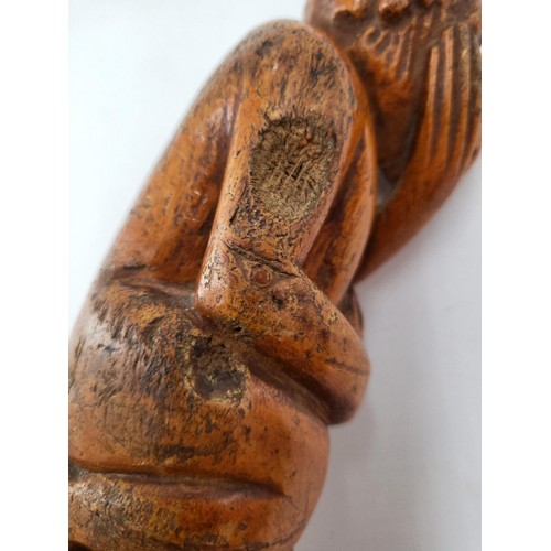 142 - Art Cane Carved Boxwood Walking Cane Depicting Monkey Has Some Chips Out Wood As Shown in Photos Mea... 