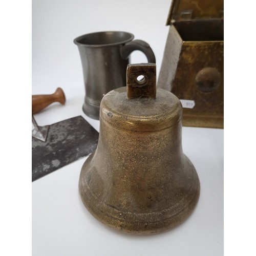 148 - Collection of Mixed Metalware Includes Vintage Food Chopper, Brass Bell, Two Tankards, Arts & Cr... 