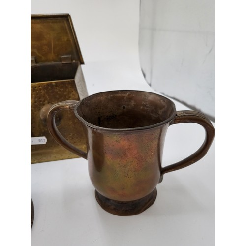 148 - Collection of Mixed Metalware Includes Vintage Food Chopper, Brass Bell, Two Tankards, Arts & Cr... 