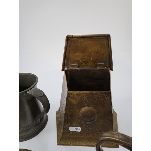 148 - Collection of Mixed Metalware Includes Vintage Food Chopper, Brass Bell, Two Tankards, Arts & Cr... 