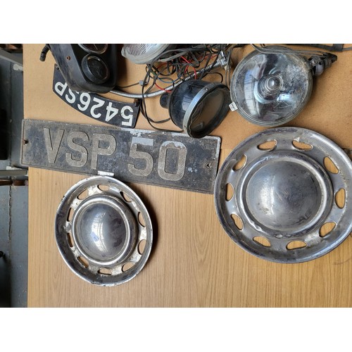 151 - Collection of Vintage Car Parts Includes Lights, Dashboard Console, Wheel trims, Horn Parts Registra... 