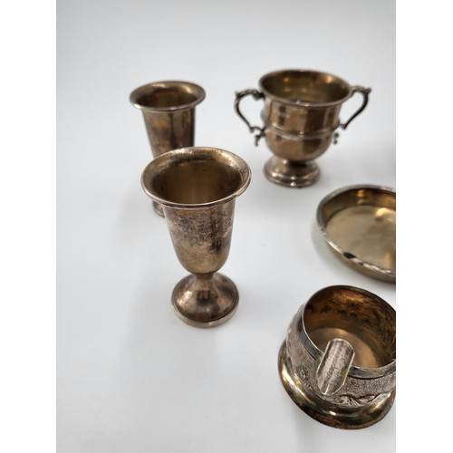 159 - Seven Pieces of Mixed silverware Includes Two Cups, Two Small Goblets, Three Ashtrays One With 1780 ... 