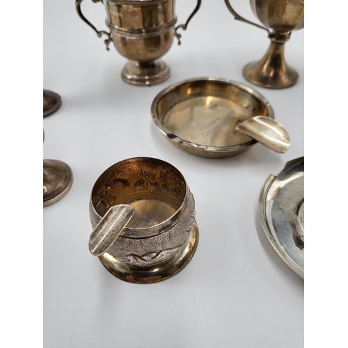 159 - Seven Pieces of Mixed silverware Includes Two Cups, Two Small Goblets, Three Ashtrays One With 1780 ... 