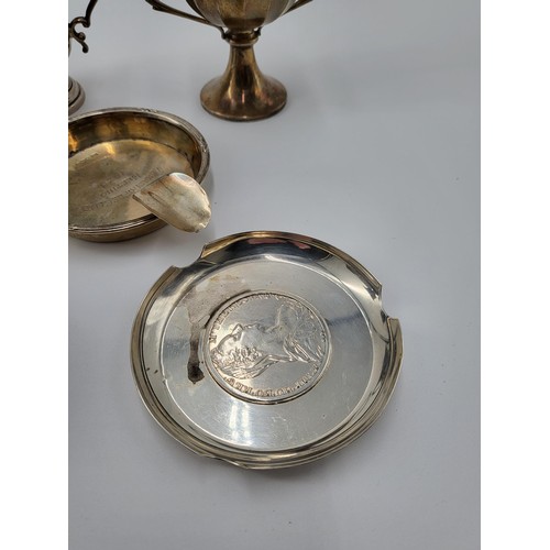 159 - Seven Pieces of Mixed silverware Includes Two Cups, Two Small Goblets, Three Ashtrays One With 1780 ... 