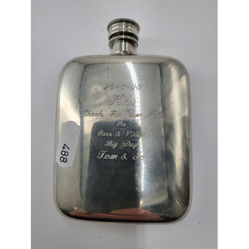 161 - Pewter Hip Flask With Inscription on Front Has Unusual Import Marks