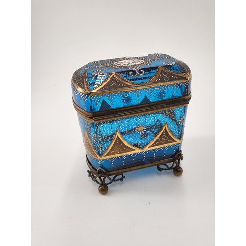 187 - In the Style of Bohemian Moser Enameled Glass Jewellery Casket/Marriage Box Item Measures 12cm Long ... 