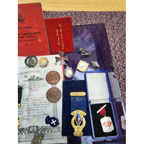 198 - Small Lot of Collectable Badges, Masonic Items, & German Pendant Only One is Silver As Shown in ... 