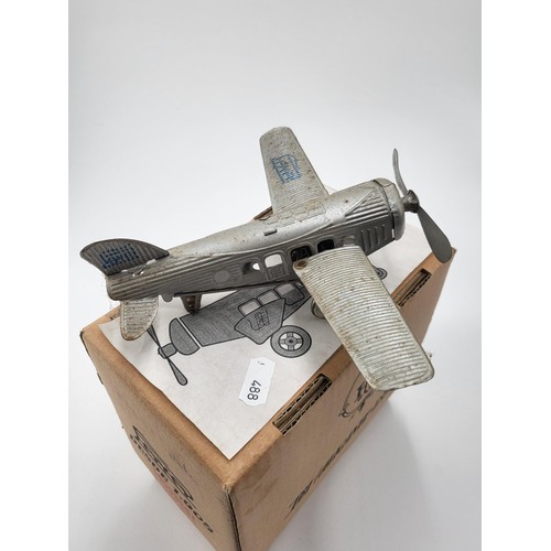 216 - Paya Airplane Clockwork Tinplate with Folding Wings in Original Box Does Wind But is Sticky Needs Oi... 