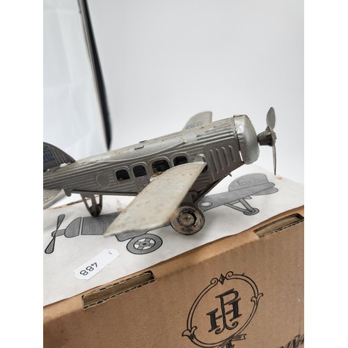 216 - Paya Airplane Clockwork Tinplate with Folding Wings in Original Box Does Wind But is Sticky Needs Oi... 