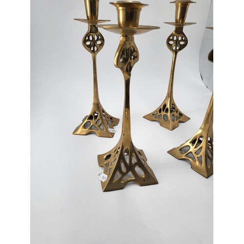 221 - Four Brass Art Nouveau Style Candlesticks with Fretted Decoration c1910 Two Measure 25cm Tall & ... 