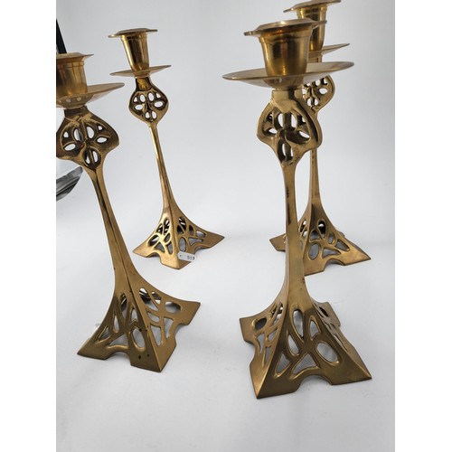 221 - Four Brass Art Nouveau Style Candlesticks with Fretted Decoration c1910 Two Measure 25cm Tall & ... 