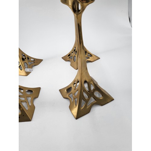 221 - Four Brass Art Nouveau Style Candlesticks with Fretted Decoration c1910 Two Measure 25cm Tall & ... 