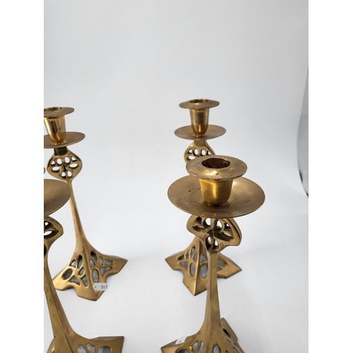 221 - Four Brass Art Nouveau Style Candlesticks with Fretted Decoration c1910 Two Measure 25cm Tall & ... 