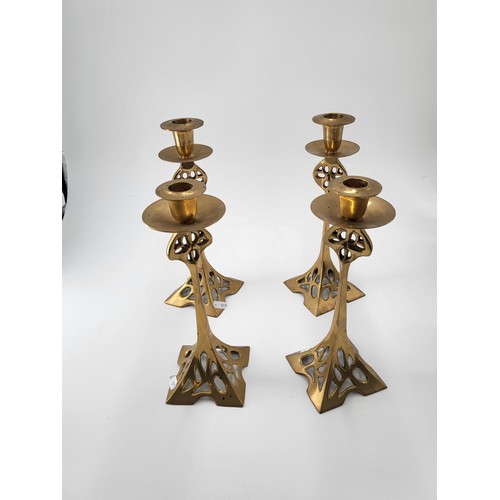 221 - Four Brass Art Nouveau Style Candlesticks with Fretted Decoration c1910 Two Measure 25cm Tall & ... 