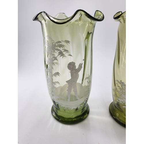 234 - Pair of Mary Gregory Glass Vases Depicting Young Boy on One & Young Lady on Other Chasing a Butt... 