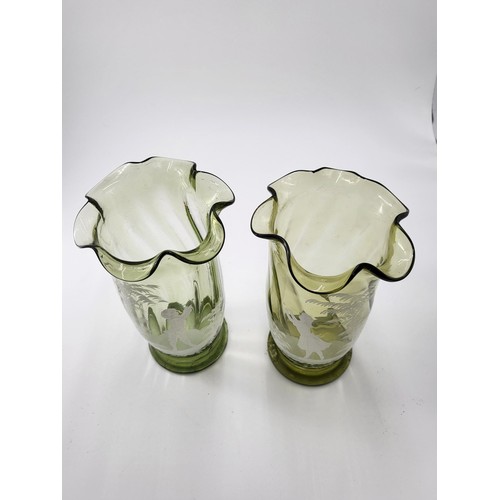 234 - Pair of Mary Gregory Glass Vases Depicting Young Boy on One & Young Lady on Other Chasing a Butt... 