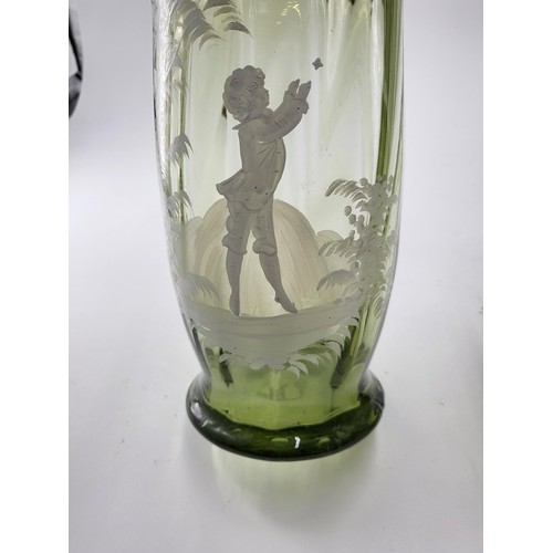 234 - Pair of Mary Gregory Glass Vases Depicting Young Boy on One & Young Lady on Other Chasing a Butt... 