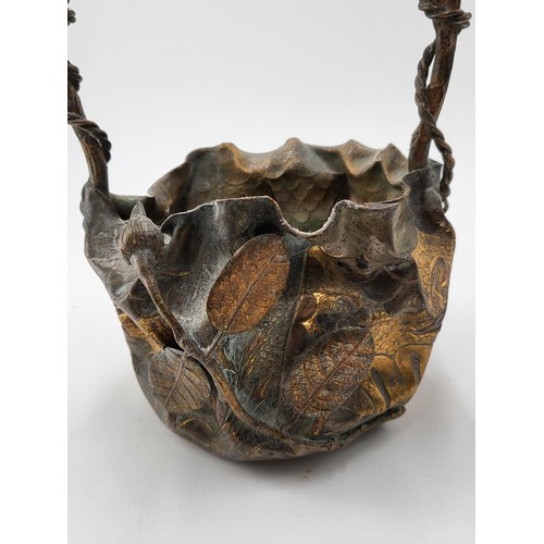 239 - Japanese Molded Gilded Bronze Basket Depicting Leaves & Flowers & Twisted Design Around Bran... 