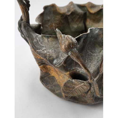 239 - Japanese Molded Gilded Bronze Basket Depicting Leaves & Flowers & Twisted Design Around Bran... 