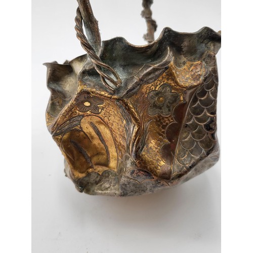 239 - Japanese Molded Gilded Bronze Basket Depicting Leaves & Flowers & Twisted Design Around Bran... 