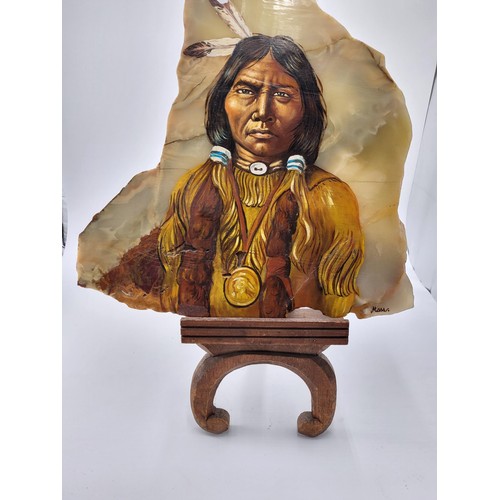 244 - Original Painting of a Native American on Marble on Stand There Has Been a Repair as Shown in Photos... 