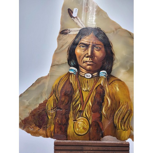 244 - Original Painting of a Native American on Marble on Stand There Has Been a Repair as Shown in Photos... 