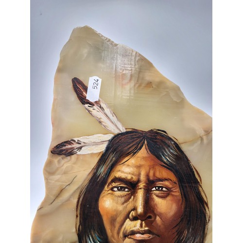 244 - Original Painting of a Native American on Marble on Stand There Has Been a Repair as Shown in Photos... 