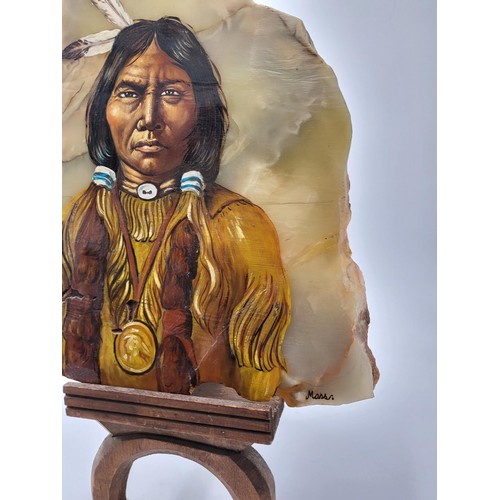 244 - Original Painting of a Native American on Marble on Stand There Has Been a Repair as Shown in Photos... 