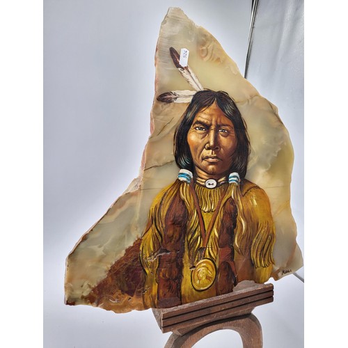 244 - Original Painting of a Native American on Marble on Stand There Has Been a Repair as Shown in Photos... 