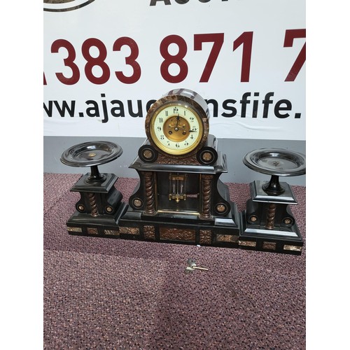 292 - Marble Slate Clock & Garnitures Measures 47cm Tall By 38cm Wide Has Mercury Pendulum Winds Okay ... 