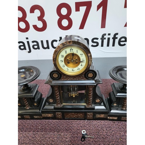 292 - Marble Slate Clock & Garnitures Measures 47cm Tall By 38cm Wide Has Mercury Pendulum Winds Okay ... 