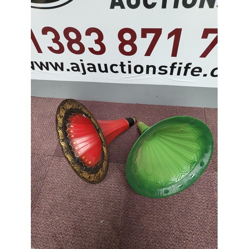 296 - Two Metal Gramophone Horns Circa 1920s Red One With Design & Plain Green One Both in Good Condit... 