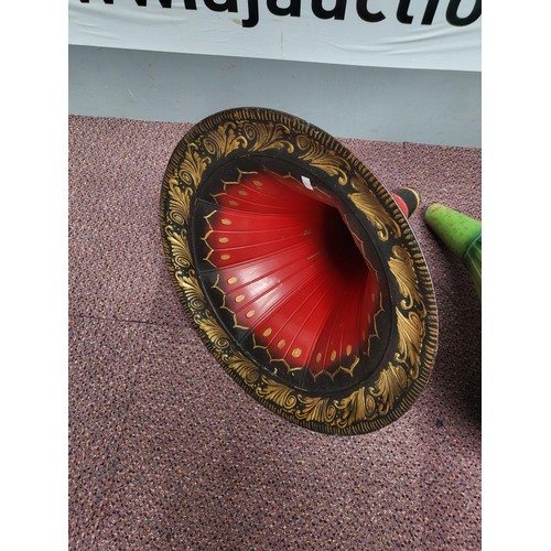 296 - Two Metal Gramophone Horns Circa 1920s Red One With Design & Plain Green One Both in Good Condit... 