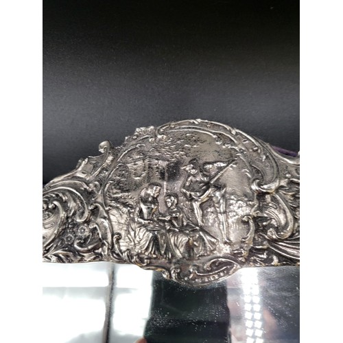 262 - Large Sterling Silver Table Top Mirror Depicts Georgian Courting Scene to Top & Mansion Scene to... 