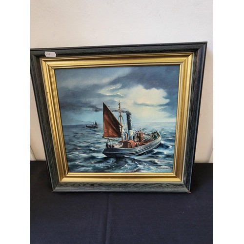 320 - Original Painting By J Alexander of Fife Depicting Fishing Boats Dated 1981 Item Measures 41cm by 41... 